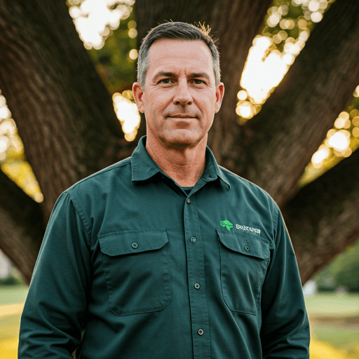 Professional arborist in safety gear