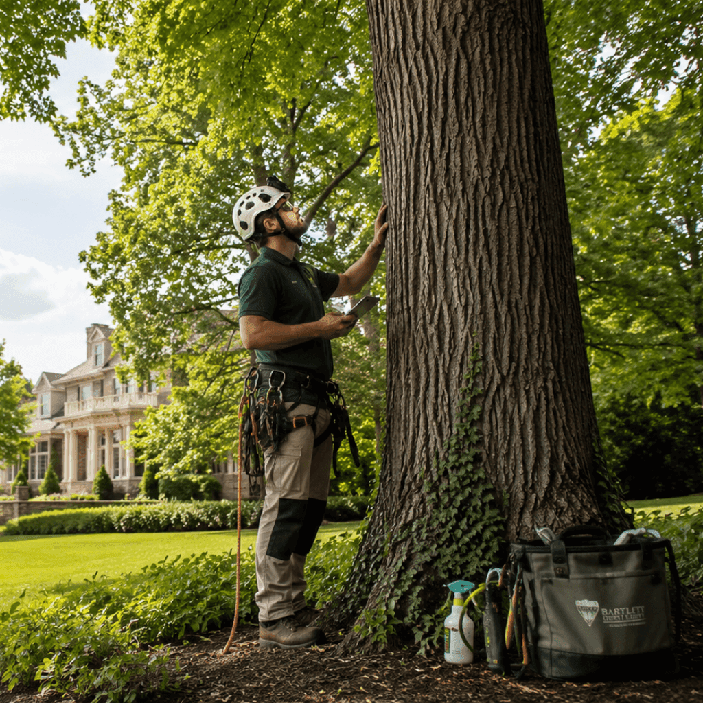 Professional arborist inspecting trees with expert care